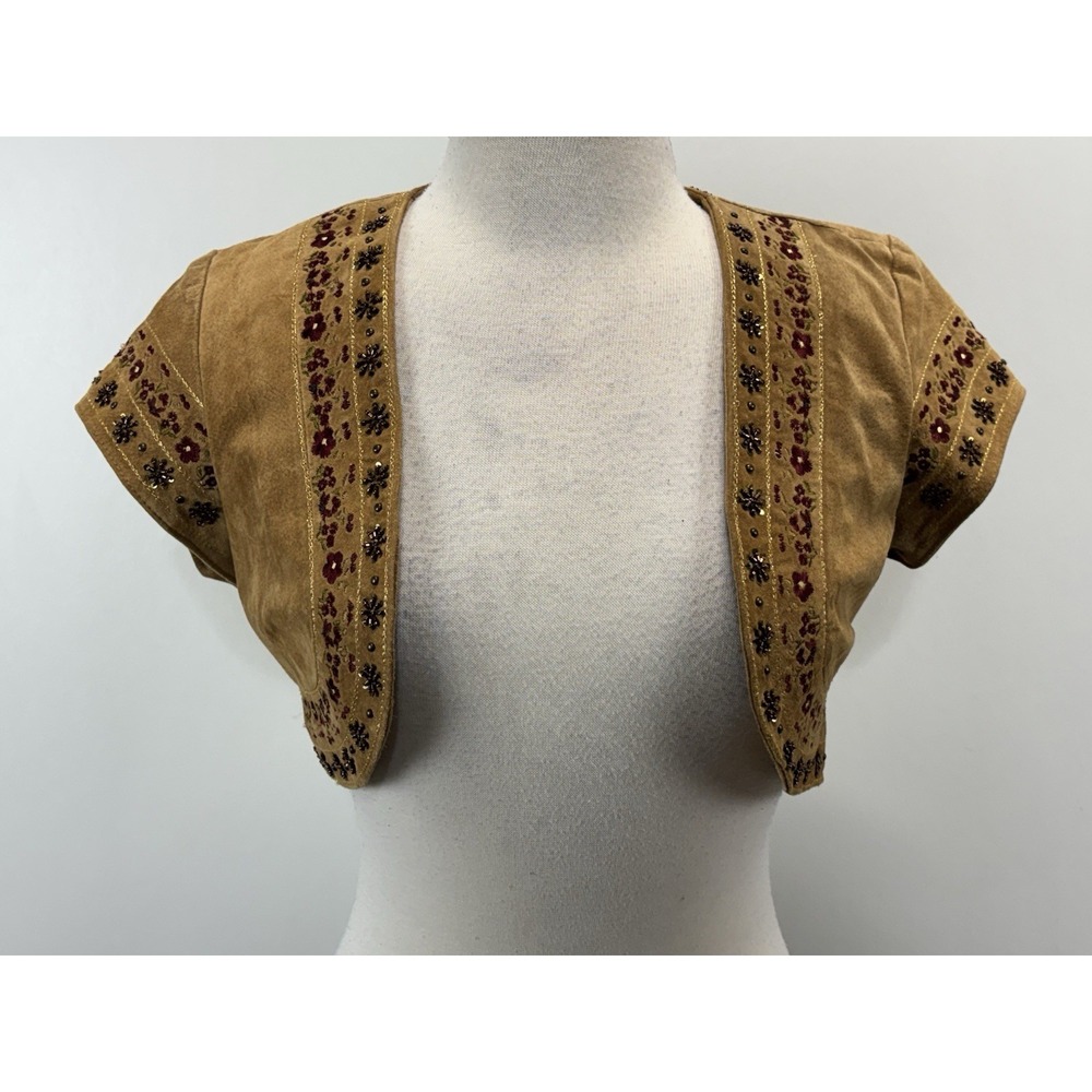 Vtg Forever 21 Leather Bolero Jacket Women M Brown Beaded Festival Coachella Y2K
